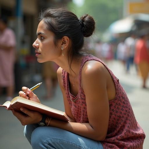 Medium angle portrait of an Indian model in Mumbai summer heat. She crouches while conducting interviews with street vendors. A book and pen are held in her hands. She has a skinny physique with a prominent Adams apple. Her hair is tied in a bun. She looks sweaty, particularly on her neck and shoulders. The background features people in a busy street.