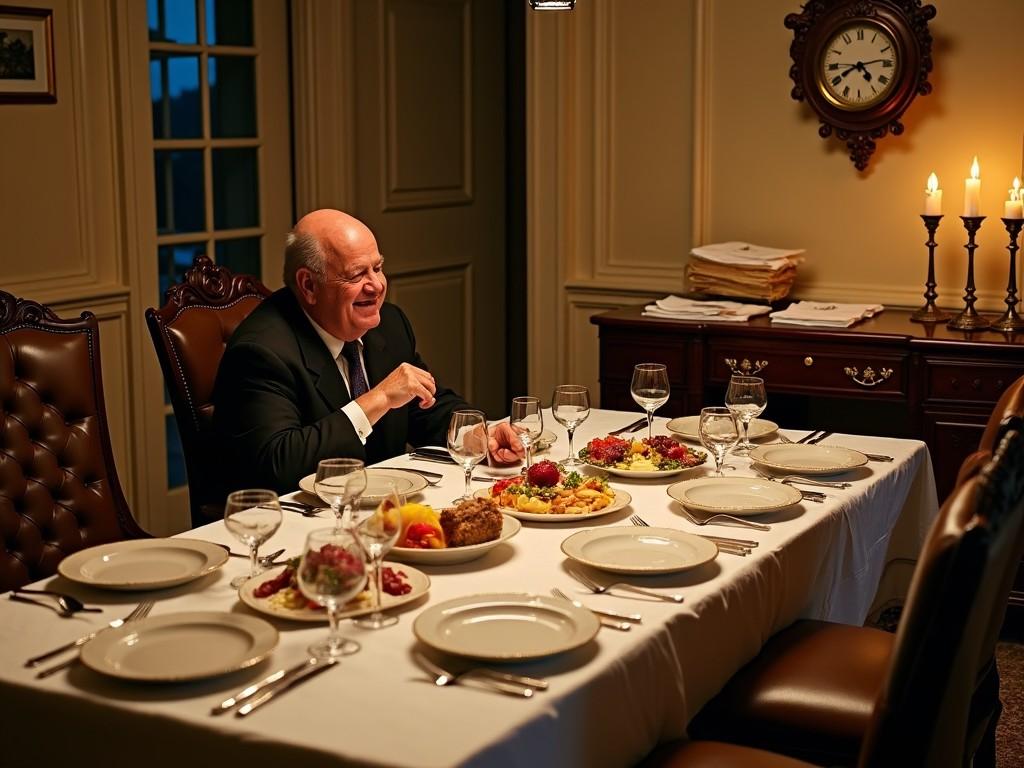 The image depicts a well-dressed man, Mr. Smith, sitting alone at a lavishly set dining table, ready for a grand dinner. He appears cheerful, sharing a laugh with himself as he looks at the spread of delicious dishes, which include appetizers, main courses, and desserts. The table is elegantly set with fine china and crystal glassware, inviting a sense of luxury. The room is softly lit, creating a warm and inviting atmosphere. Despite the absence of guests, the man seems to enjoy the moment, savoring the feast intended for many.