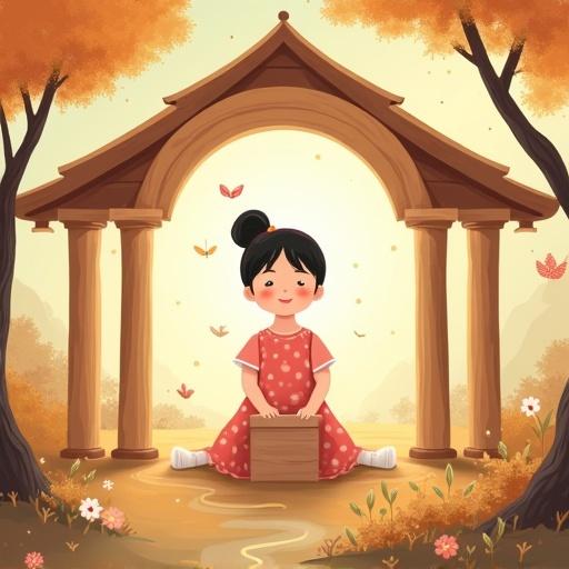 A soft warm flat-style illustration. A little girl named Leila aged 5 to 7 with short black hair in a ponytail sits inside a circular wooden house. She wears a pink dress with white polka dots and white shoes. The house has four wooden pillars and a central larger pillar. In front of her is an empty wooden box. Surrounding her are glowing trees, singing birds, and a softly flowing stream, all adorned with golden sparkles and soft light. The mood is peaceful and warm.
