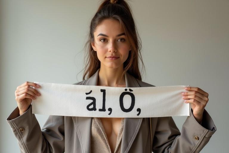 A young woman dressed in a stylish outfit holds a banner that displays unique characters in a creative way.