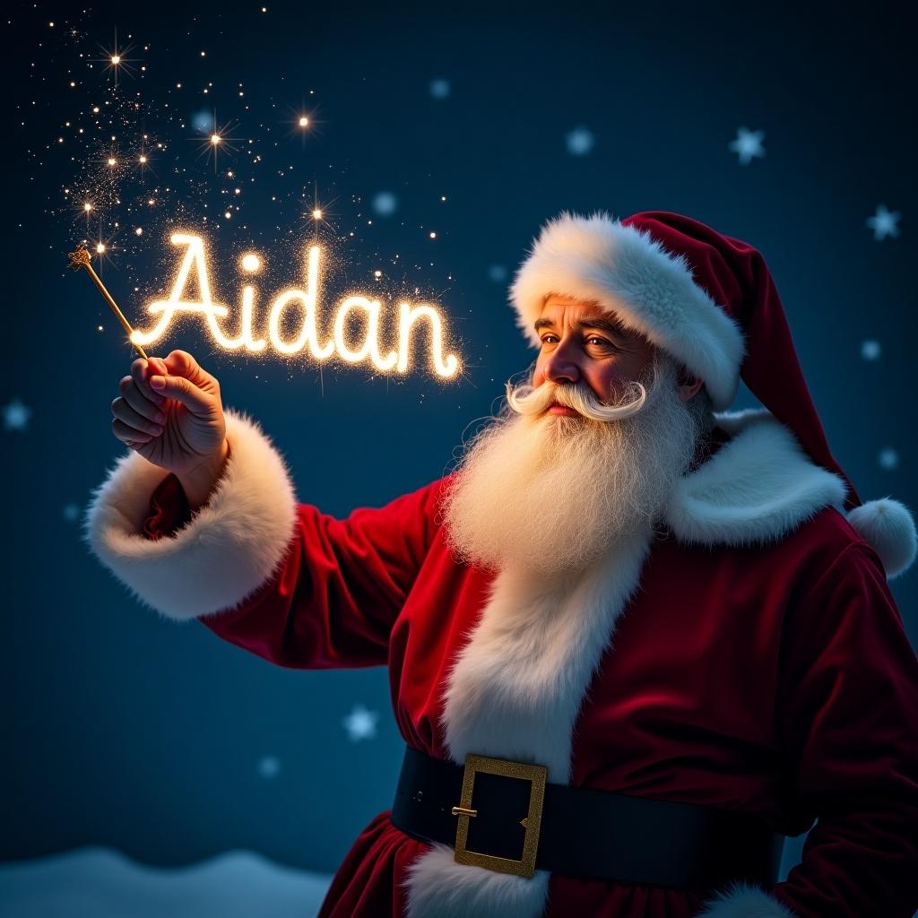 Santa Claus writes names in sparkling lights during a starry night. The name Aidan shines with elegance. The scene evokes magic and fairy tale vibes.