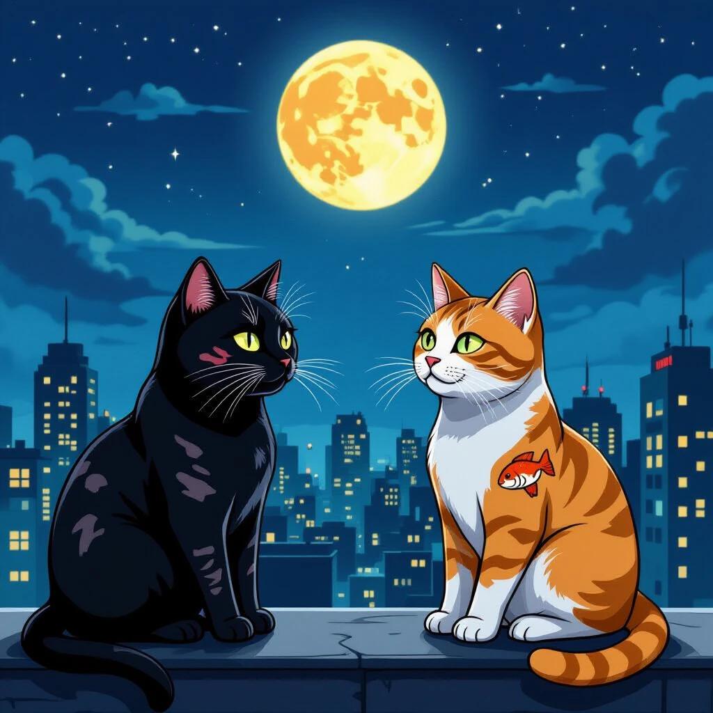 Night scene on a rooftop in a big city illuminated by a full moon. Two cats face each other. One is black with scars. The other is orange and white with a fish tattoo. The style is reminiscent of clandestine feline UFC event.