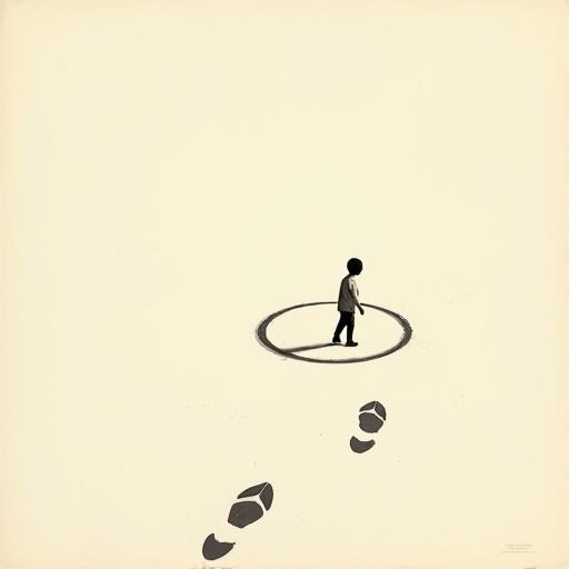 Minimalist tiny human walking in circles leaving footprints in a circular pattern. Abstract illustration with vintage and surreal elements. Emphasis on vast empty space surrounding the figure. Clean, elegant design that conveys a modern artistic tone.
