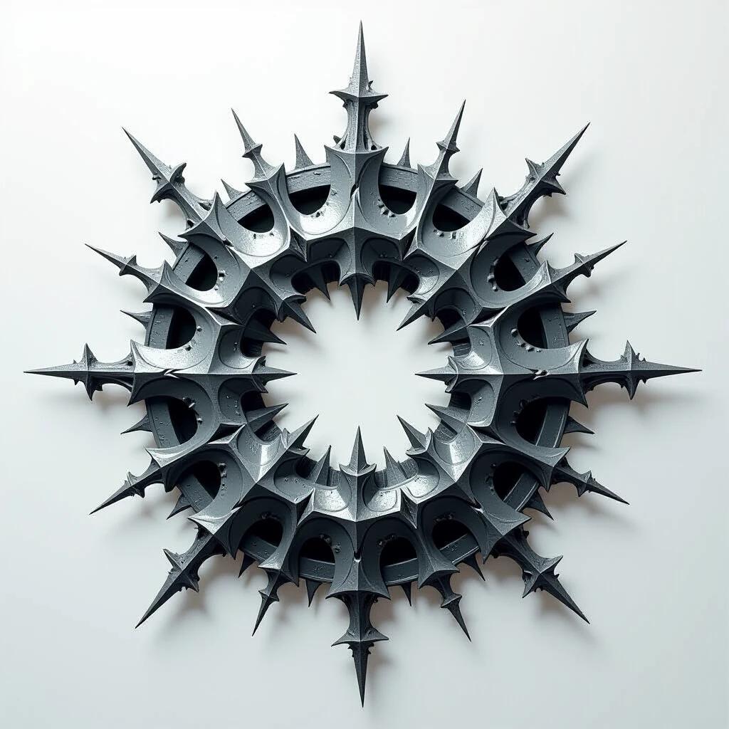 Thick impasto painting represents a biomechanical thorny structure. Texture is brutalist with sharp organic shapes and monochromatic palette.