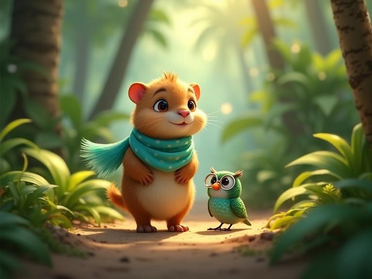 Adorable capybara with golden-brown fur walks along jungle path. Wears light teal scarf with white dots. Friends include lavender-feathered owl and tiny hummingbird. Jungle filled with tall trees and sparkling light. Disney Pixar style. 16:9 aspect ratio.