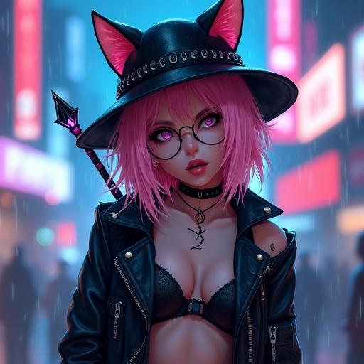 Character is a female warrior with pink hair and a black winter hat with cat ears. She wears a leather jacket and bikini mix, featuring gothic boots and fishnet tights. Rainy cyberpunk city in the background with glowing neon signs. The character is ultra realistic with a flirty expression, long hair with red tips, and cybernetic tattoos. Her clothing reveals decolletage, showing full body and legs, while posing playfully with her tongue out.