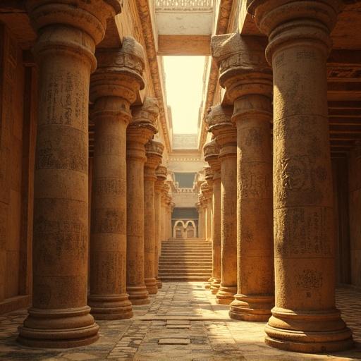 Perspective view in Egypt resembling a pharaoh surrounded by ancient architecture. Tall, ornate columns with carvings lining the corridor and illuminated by warm light.