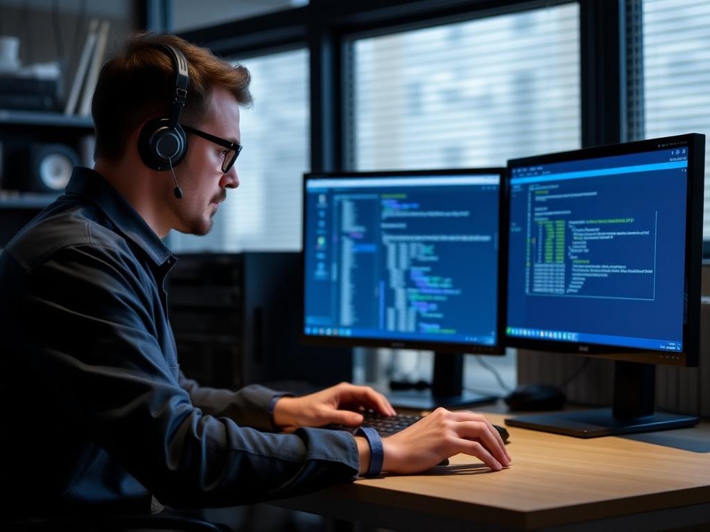 A focused programmer working in a modern office, analyzing code on dual monitors, with a headset and a concentration expression, surrounded by tech equipment.