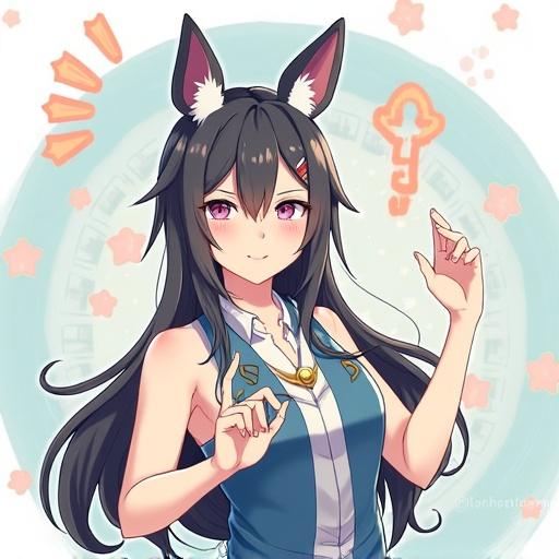 Character design featuring a dragon person with cute features. Character has black hair and blue eyes. Pose is playful and inviting. Background is colorful and lively.