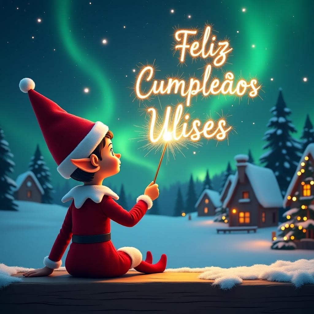 Elf sits on wooden ledge holding sparkling wand. Back to camera gazing at magical sky. Writing 'Feliz Cumpleaños Ulises' in sparkler script. Snowy landscape with charming houses and evergreen trees.