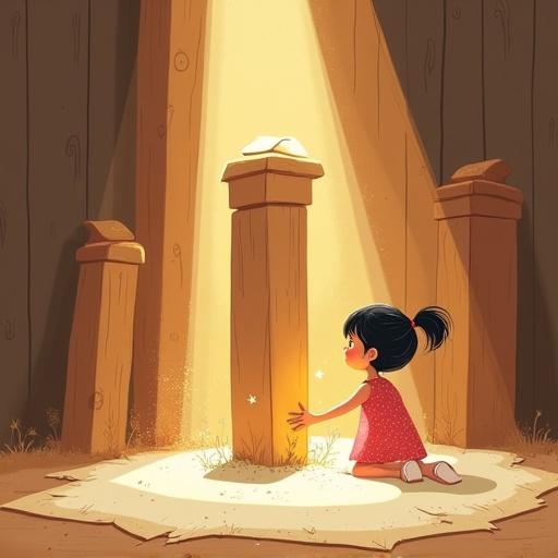 Illustration features a symbolic wooden house made of five distinct carved wooden pillars. Central pillar glows softly with warm golden light. A young girl in a pink polka-dot dress kneels beside the pillar with a peaceful expression. Tiny green sprouts peek through the cracked floor. A gentle golden sparkle floats around the pillar. Soft light enters through the window, illuminating the scene. The surroundings indicate a sense of quiet strength and renewal.