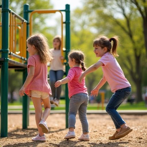 Scene of children playing on playground equipment in a park. Warm sunny weather. Activities include climbing and laughing. Multiple kids engaged in play.