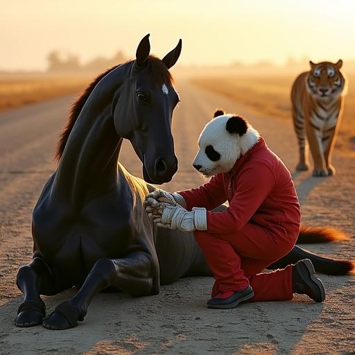 A black horse lies on cracked ground. It breathes slowly. The horse's coat is soothed. It has bandages wrapped around its body. A panda in a red firefighter uniform kneels beside it. The panda wraps a large white bandage around the horse's leg. The panda's face shows focus and concern. A Bengal tiger stands nearby. The tiger wears a white sleeveless shirt and loose shorts. The tiger's amber eyes watch the horse. The setting sun casts golden light on the scene.