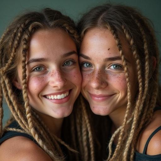 Two girls with very light complexion and long blonde dreadlocks, displaying freckles. Their captivating lips reflect a blend of tiredness and satisfaction. Faces convey joyfulness and companionship.