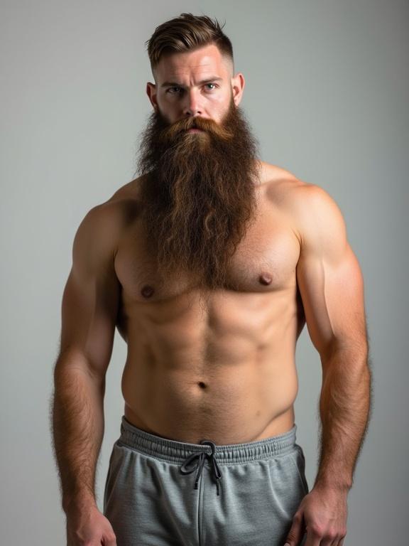Realistic portrait of a bear-type man in gray sweatpants. He has extraordinary long beard. Beard fully covers chest and abdomen. Broad shoulders are visible. Mature expression with confidence. Soft light creates natural look. Minimalist background enhances beard length