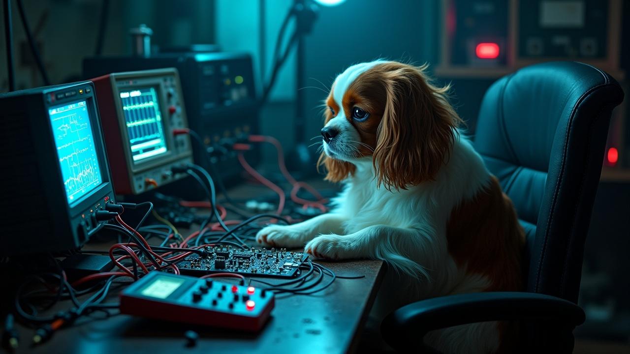 In a dark and eerie lab, a fluffy Cavalier King Charles Spaniel is sitting in a chair, engaging with a circuit board in front of it. The dog is surrounded by various wires and circuit boards laid out on a bench. Next to it, there are oscilloscopes and multimeters displaying signals. The scene captures the unusual interaction between the pet and an electronics setup. Dark, gloomy lighting adds to the eerie industrial atmosphere, while highlighting the dog's expressive face. The image blends themes of technology, industry, and pet companionship, with 'Mucy' written in glowing blue font.