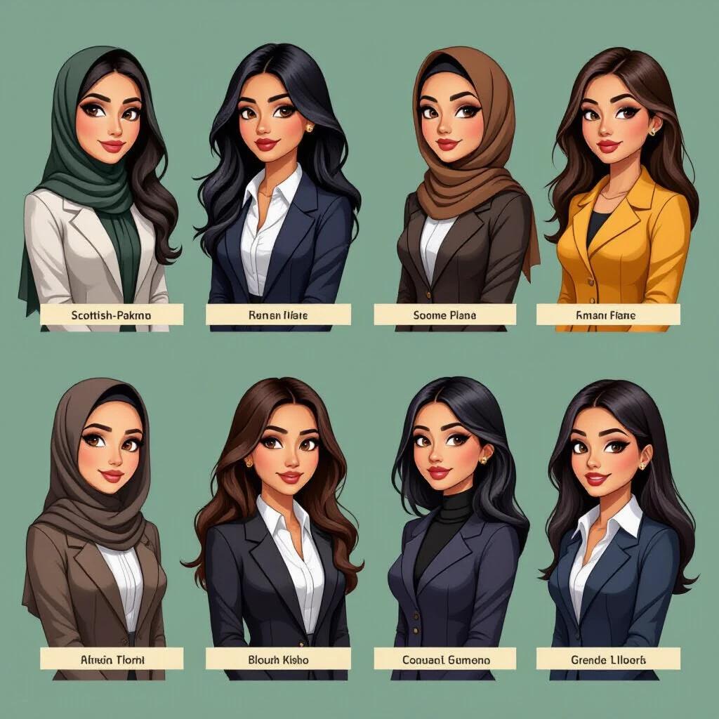 Generate several Scottish-Pakistani and Muslim female teachers with almond-shaped large dark brown eyes, black hair in varying hairstyles, dark skin, full lips, and thick eyebrows. They are dressed in modern, Western style attire.