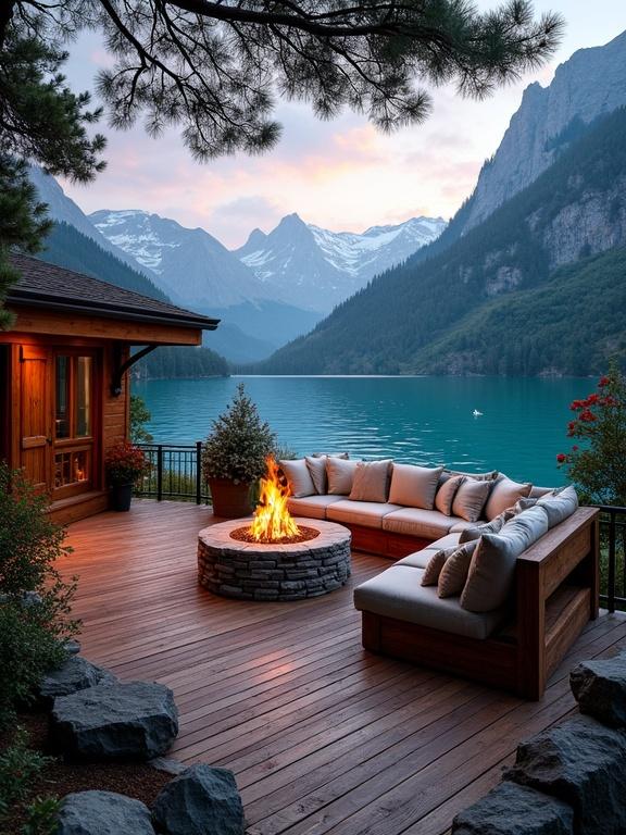A cozy outdoor deck area features a stunning view of a lake and mountains during twilight. The deck is made of medium to dark brown wood and adorned with potted red shrubs. A sectional sofa in light beige is surrounded by a stone fire pit with bright flames. The tranquil lake reflects the sky's colors, framed by lush mountains.