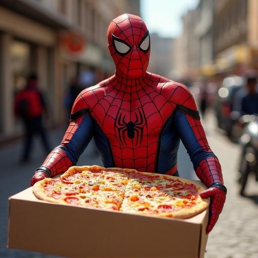 Spiderman delivering pizza to customers in an urban setting. Character wears red and blue suit. Pizza is large with toppings. Scene captures Spiderman amidst city streets. Sunny day enhances visibility of character and surroundings.