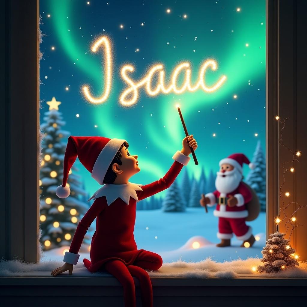 A cheerful elf is sitting on a window sill, with his back to the viewer, looking up at the night sky. He is using a magic wand to elegantly write the name 'Isaac' in sparkling letters amidst the beautiful northern lights. The background features a snowy landscape with Santa Claus making an appearance. The scene is filled with Christmas joy and magic, highlighted by twinkling lights and festive decor. This whimsical illustration captures the essence of holiday spirit and wonder.