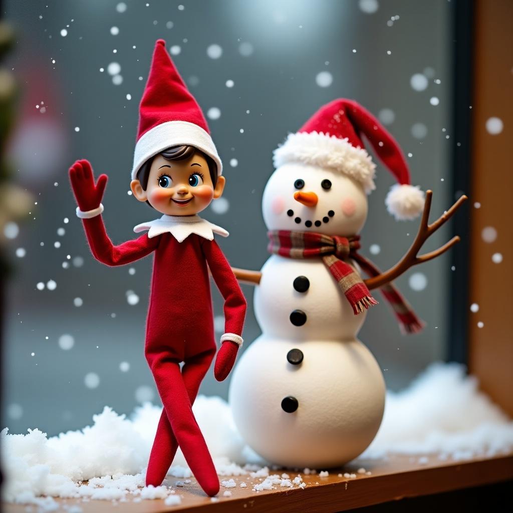 Elf character waves next to a snowman in a winter setting. Scene depicts holiday cheer and festive fun at the North Pole.