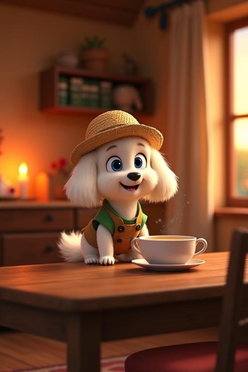 3D animated scene of Poppy the puppy in a cozy cottage. Fluffy white puppy with expressive eyes. Wearing straw hat, green shirt, brown pants. Sitting at wooden table, sipping cabbage soup. Warm candlelight, soft sunset glow. Ultra HD with detailed fur.