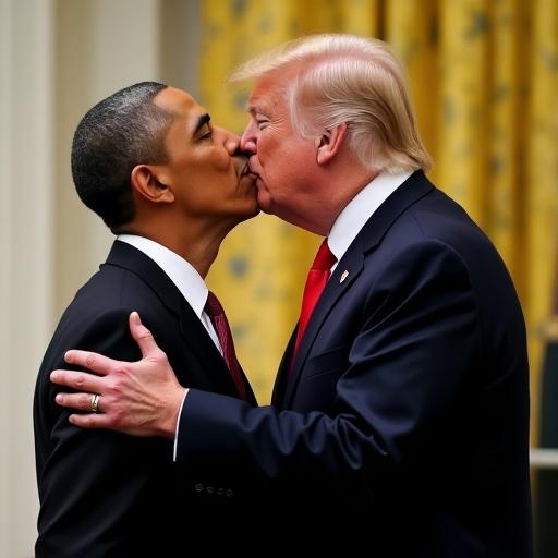 Image depicts a close interaction between Barack Obama and Donald Trump. The two men are facing each other closely with an intimate gesture. Background features rich yellow drapery. Themes suggest political satire and commentary.