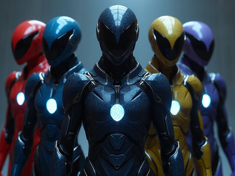 Five armored figures in a dark environment. Each figure wears a different colored armor: red, blue, yellow, black, and purple. Armors have a sleek and smooth design with organic lines and oval shapes. They possess illuminated features that glow in dark colors. The setting has a cinematic feel with reflections and shadows. It evokes a futuristic and heroic atmosphere.