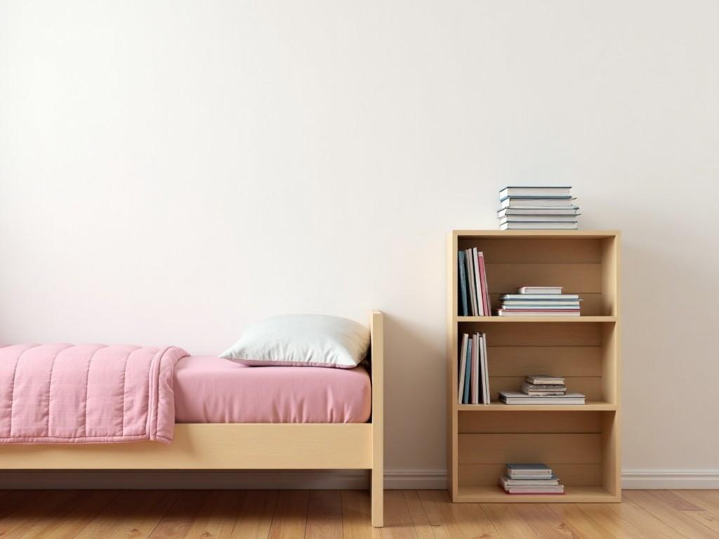 a minimalist bedroom with a pink bed and a wooden bookshelf filled with books, soft natural light, modern and clean design