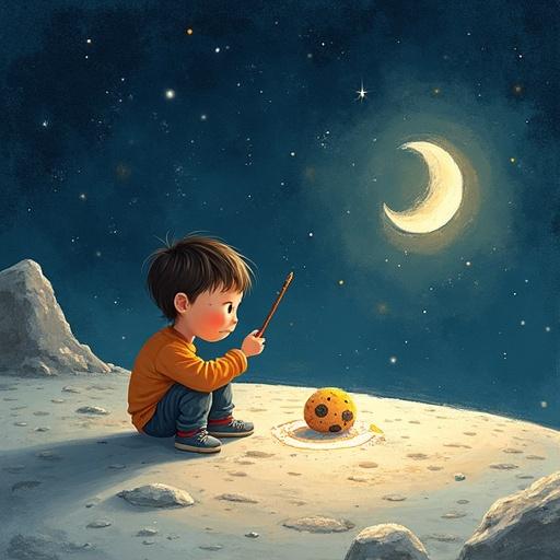 Child draws on moon floor using a stick. Scene set under a starry sky. Gentle moonlight ambiance. Soft crayon-like colors.