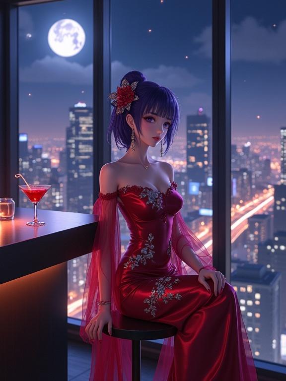 A woman in a luxurious red gown stands in front of a large floor-to-ceiling window. She has sharp violet eyes and hair. Gorgeous silver kanzashi adorns her hair. She sits on a chair with crossed legs, beside a bar with a cocktail. The city skyline shines at night, and a full moon casts a glow.