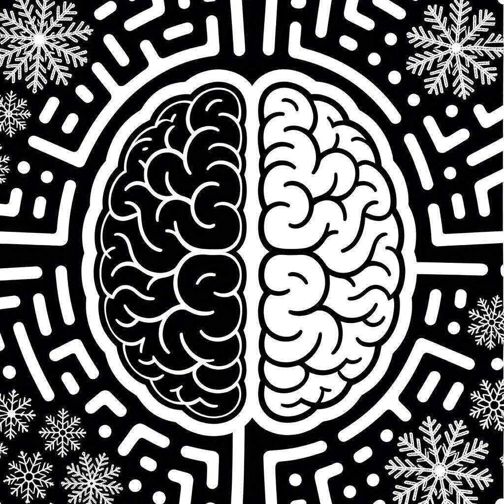 Logo design featuring a black and white human brain. Coral maze design in background and fingerprint motifs included. Emphasizes the blend of structure and abstract thinking.