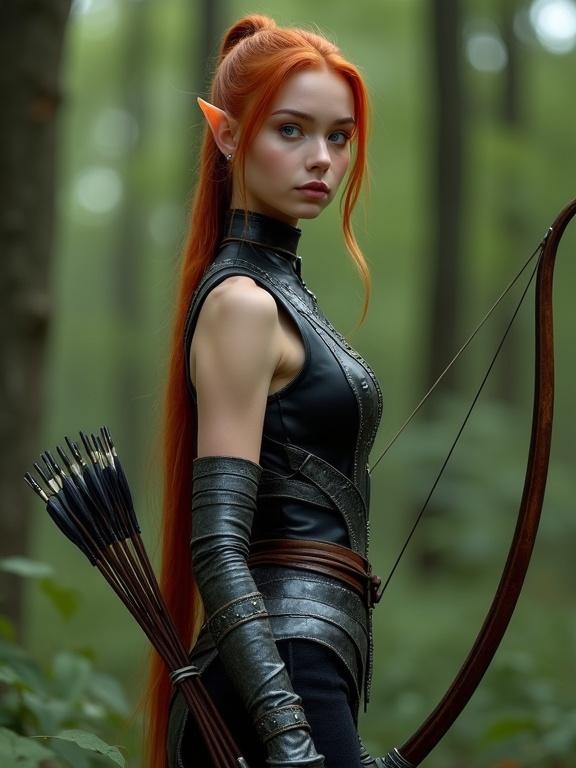Photorealistic image of a young elf woman in a forest. She has long auburn hair styled in a ponytail. Her skin appears smooth and sun-kissed. The elf wears a sleeveless black leather leotard and a silver chainmail vest. She stands poised with a bow and arrow, a quiver on her back loaded with arrows. The setting features a lush green forest background with depth of field focus.