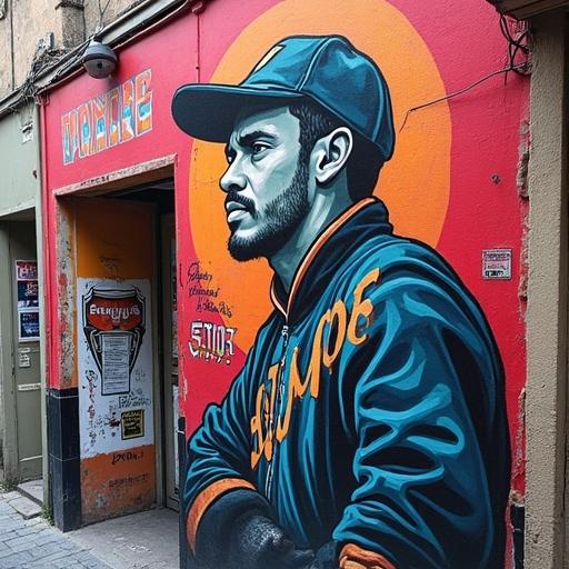 Crea un mural de grafitti vibrante en una pared urbana. Presenta un retrato estilizado de un hombre con una chaqueta. El fondo debe tener colores brillantes con un nombre destacado.