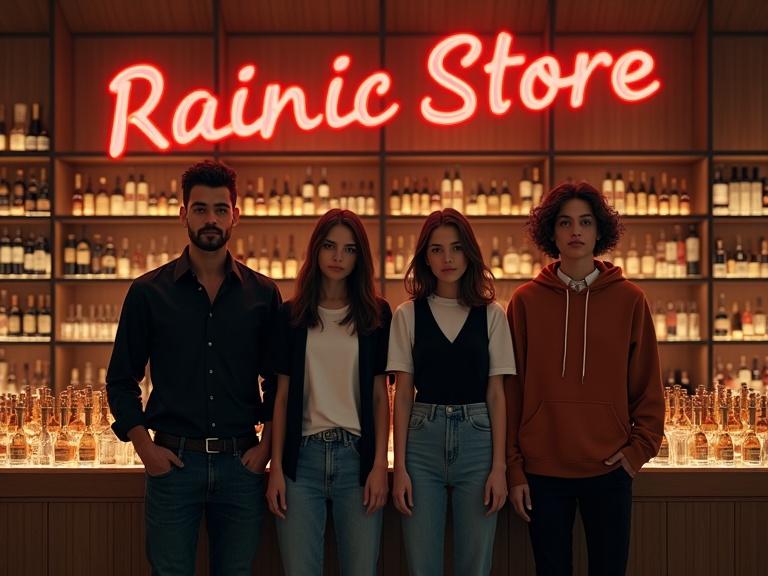 Inside of a liquor store with wooden shelves that exudes luxury. Champagne bottles in the center arranged in a pyramid. Four employees standing in front. Employee descriptions include a tall man in a black shirt, a woman in a black shirt and denim jeans, a young woman in a white hoodie and black vest, and another young woman in an oversized brick hoodie and pants. Neon sign in the background reads Rainic Store.