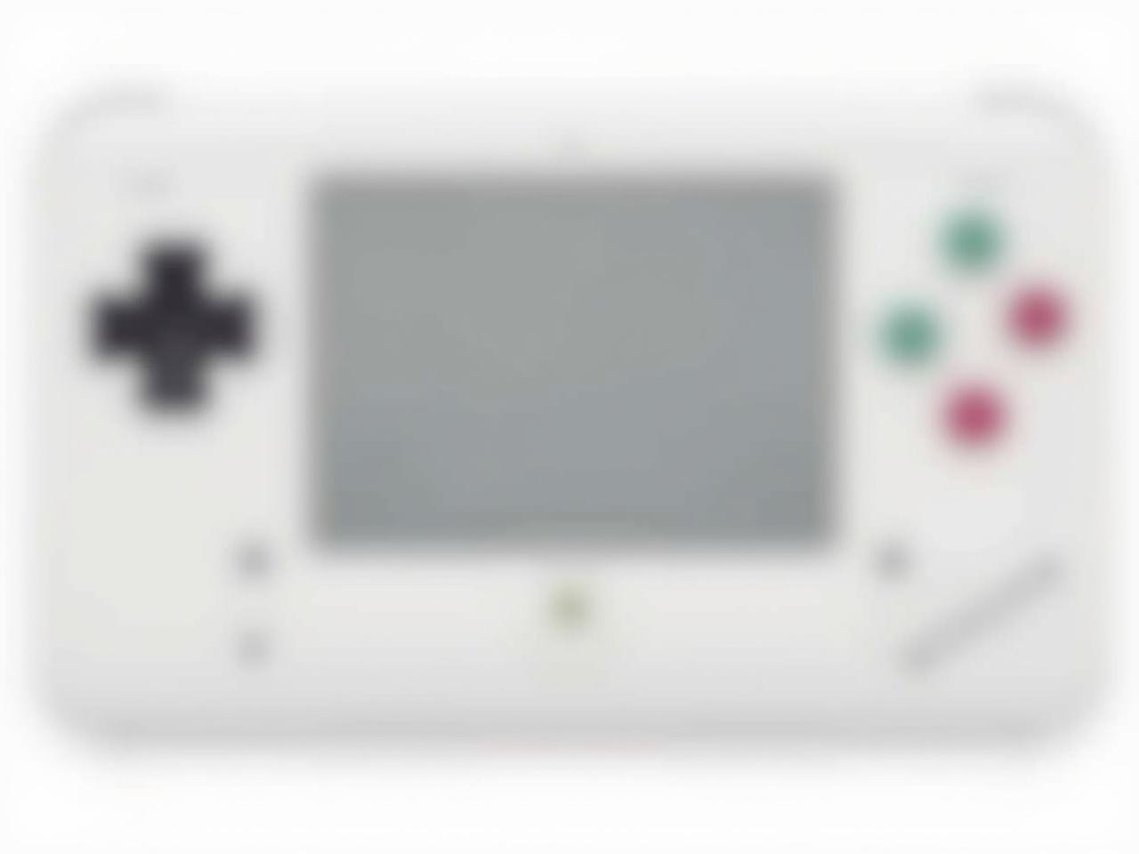 The image features a retro-style handheld gaming device. The device is predominantly white with a smooth finish. It has a rectangular screen area with a gray surface, suggesting it's designed for display. On the front, there are a few buttons: a large black directional pad on the left and two smaller buttons in the upper right, colored in a muted pink. The overall design evokes a nostalgic feeling, reminiscent of classic gaming consoles.