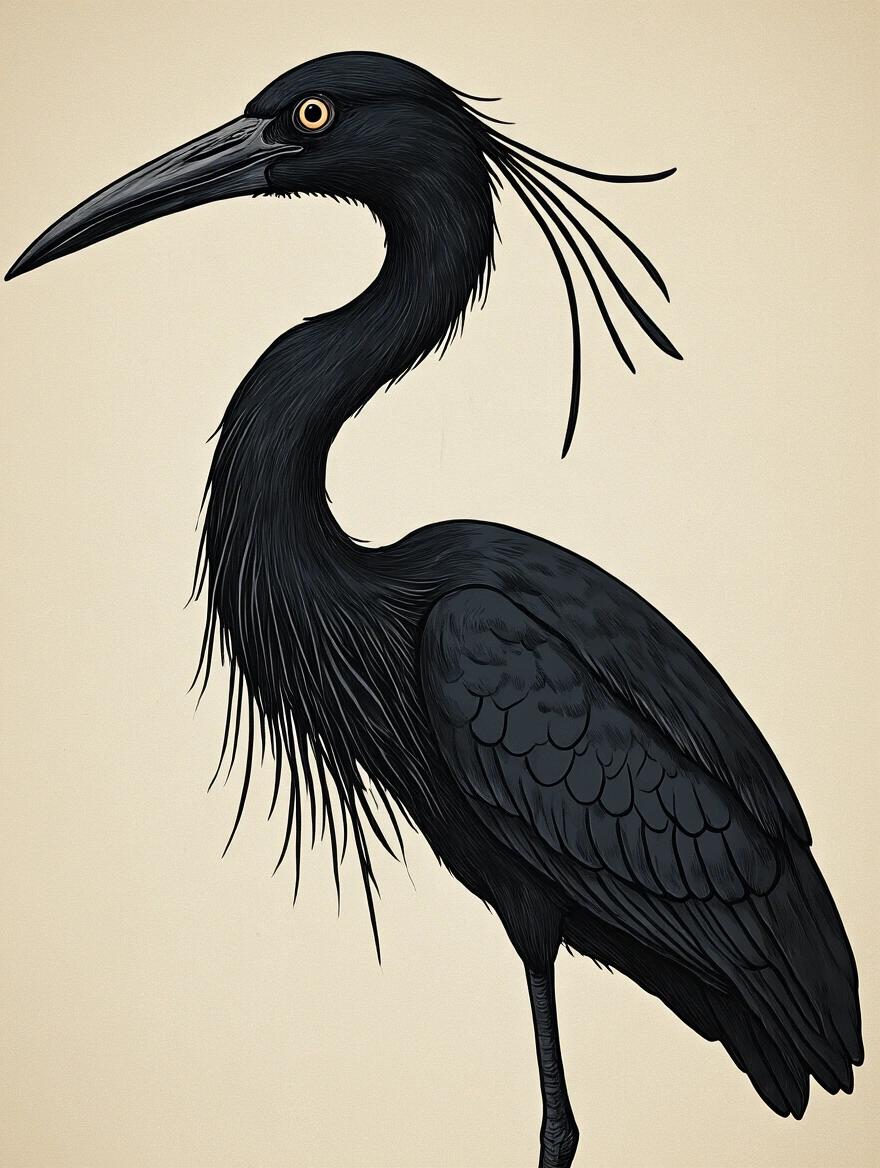 Medieval heron illustrating with the head of an ibis. Side profile view. Solid black color against a light beige background.