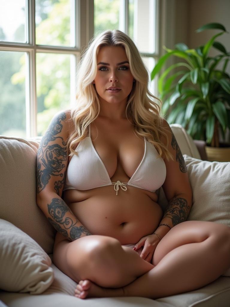 Chubby woman with long blonde hair sits on a couch. She wears a bikini. Tattoos are visible on her arms. The setting is bright with natural light. A plant is next to her. There are cushions around her. The atmosphere is calm.