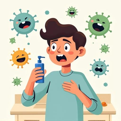A person using hand sanitizer with a cautious expression. Surrounded by cartoon germs that look silly. Clean and tidy setting. Bright and simple illustration style.