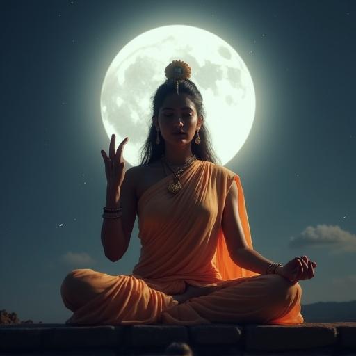 Maa Mahagauri seated in meditation wearing saree. Full moon glowing softly. Radiant skin illuminated by moonlight. Hand raised in blessing. Ethereal surroundings with natural realism and clarity.