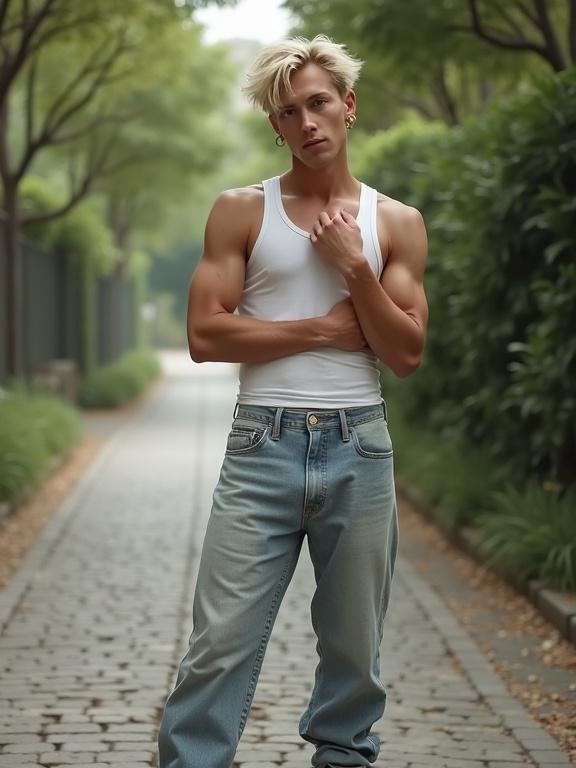 A tall lean male with defined muscles and fair skin Axl Sorenson has shaggy platinum blonde hair of medium length a clean-shaven face and light gray-blue eyes He wears a white tank top and light-wash jeans with scuffed sneakers pulled down around his ankles He is on a cobblestone path lined with trees under soft natural lighting adjusting his tank top
