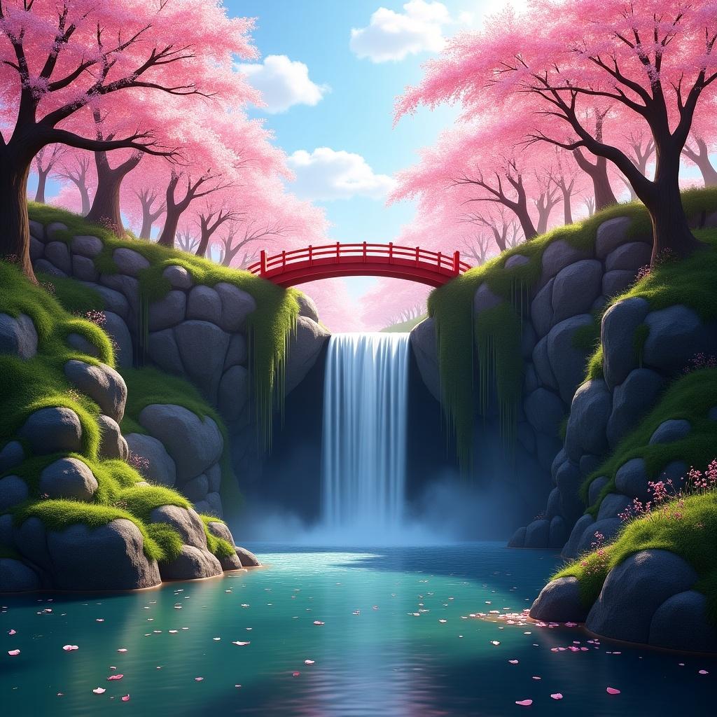 The image depicts a serene and picturesque waterfall cascading down a rocky cliff into a calm pool of water. Surrounding the waterfall are lush greenery and vibrant pink cherry blossom trees in full bloom. The canopy of pink flowers allows petals to gently fall and float on the water's surface. Sunlight filters through the trees, creating a soft, warm glow. The rocks around the waterfall are adorned with moss and small plants, enhancing the natural beauty. The scene embodies a peaceful and enchanting atmosphere, evoking feelings of calm and wonder. A red suspension bridge arches over the tranquil water under a clear blue sky.