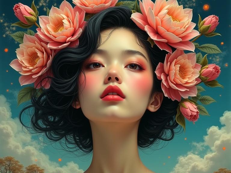 Surrealist portrait featuring an Asian girl. Flowers bloom from her hair. Dreamlike atmosphere with vivid and imaginative qualities. Inspired by Salvador Dalí.