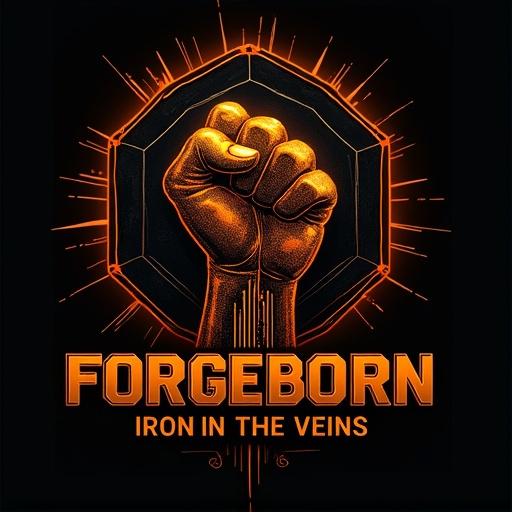 Logo design features an industrial-style fist gripping a circuit board. Molten metal drips from knuckles. Hexagonal grid background represents a factory. Glowing orange and black colors dominate. Bold font reads FORGEBORN with optional subtitle Iron in the Veins.