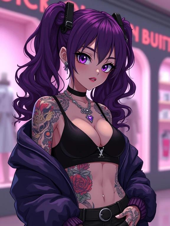 Anime illustration of a stylish woman shopping inside a luxurious Louis Vuitton boutique. Character features amethyst purple eyes and elegant purple curly pigtails. Wearing edgy black streetwear with tattoos prominently displayed. Displays Yakuza inspired designs adorned with amethyst jewelry. Summer setting reflects a sunny Miami ambiance. Indicates her fashion-forward and spirited personality.
