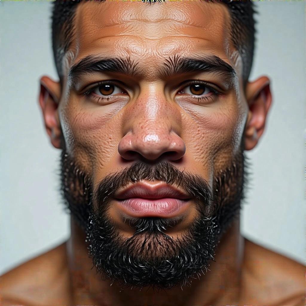 Close-up portrait of a man with a confident expression. Strong jawline and well-groomed beard. Professional lighting set against a neutral background. Exhibits a powerful presence.