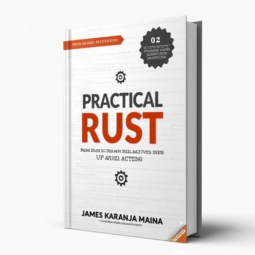 Book cover for 'Practical Rust: From Zero to Real-World Applications'. Features a clean white background, bold orange title, gray subtitle, and gear icon with Rust logo. Author's name at the bottom in professional font. Modern minimalist appeal for developers.