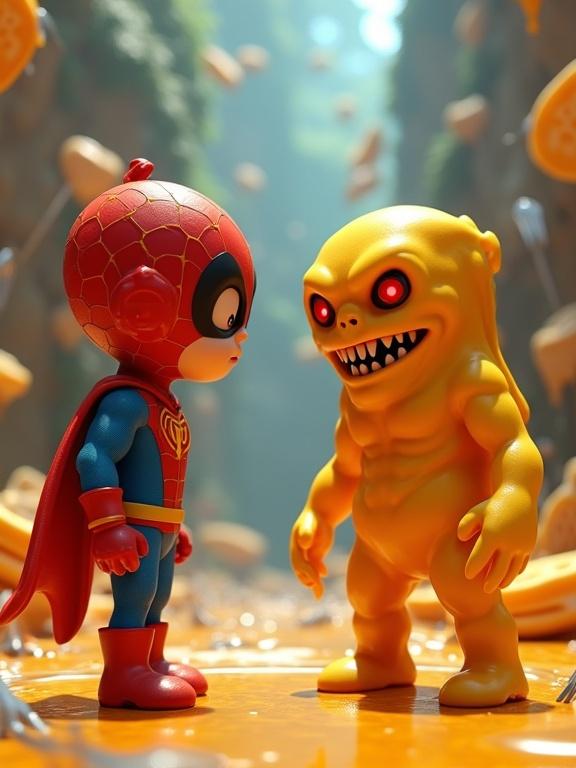 3D cartoon scene featuring a colorful superhero and his evil clone in a whimsical brunch-themed environment. Shows confrontation with dramatic lighting and expressive details.