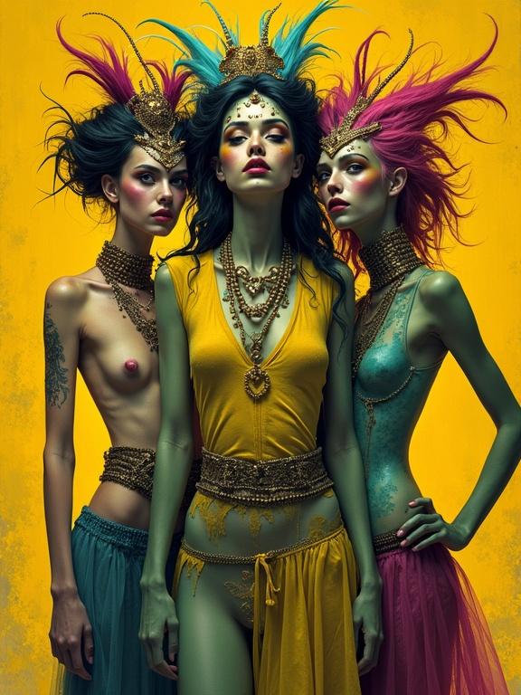 A surreal whimsical portrait featuring three gypsy women dressed in eccentric outfits. Shades of green, magenta, yellow, and blue dominate their attire. The background is a chaotic blend of yellow ocher and burnt sienna.