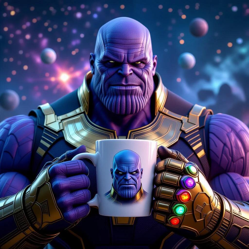 A massive purple titan with a stern expression wearing an armored suit holds a white mug featuring a detailed illustration of his own face. The background is cosmic with stars and planets, showcasing a universal power theme.